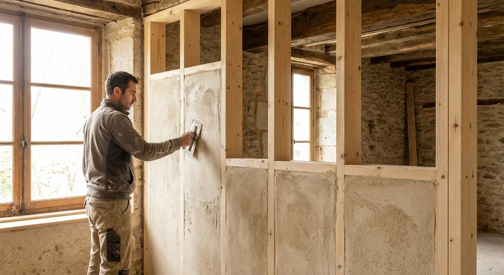 Intérieur de maison en construction avec charpentier travaillant