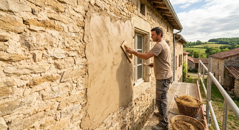 Artisan appliquant un enduit naturel à base de chaux ou de terre sur la façade extérieure d'une maison ancienne en pierre, mettant en évidence les gestes de finition de l'enduit pour assurer l'étanchéité à l'air et la protection du bâti. La scène se déroule en conditions réelles de chantier sur une maison de caractère ancien, avec les matériaux naturels visibles.
