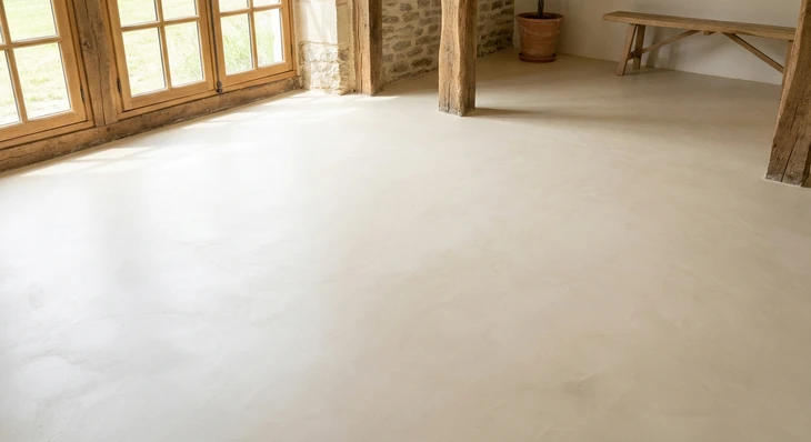 Photographie d'un intérieur de maison ancienne montrant un sol fini en terre crue ou enduit naturel, présentant des teintes chaleureuses (ocre, beige, brun clair naturel). Le sol doit être visible en gros plan suffisant pour montrer la texture et la finition naturelle. L'arrière-plan peut montrer des murs en pierre brute ou enduit à la chaux, avec une lumière naturelle douce mettant en valeur les matériaux naturels et la qualité de l'air intérieur. Pas de mobilier encombrant, focus sur la qualité et l'authenticité des matériaux.