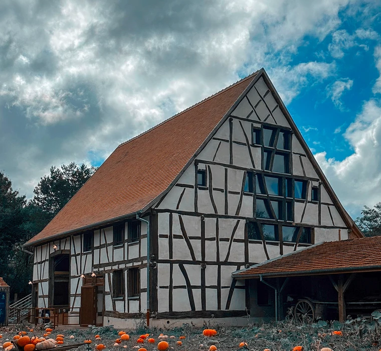 Maison à colombages traditionnelle, vue extérieure, architecture alsacienne ou germanique