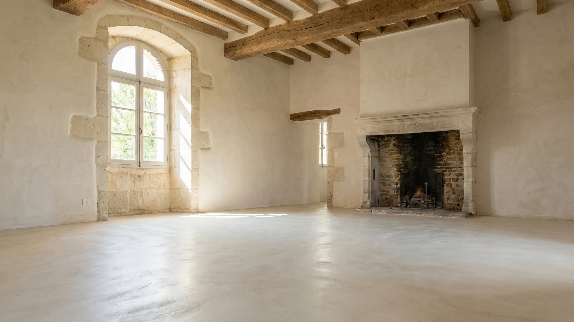 Artisan posant du parquet en bois massif sur chape avec colle, utilisant une spatule crantée pour étaler l'adhésif
