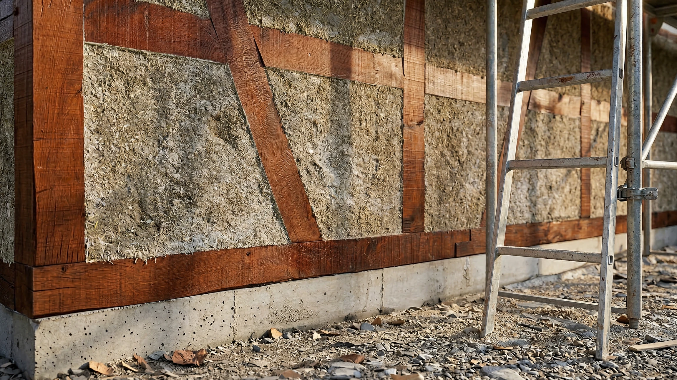 Un ouvrier portant un chapeau bleu dur et des gants de sécurité place soigneusement un matériau d'isolation contre un mur