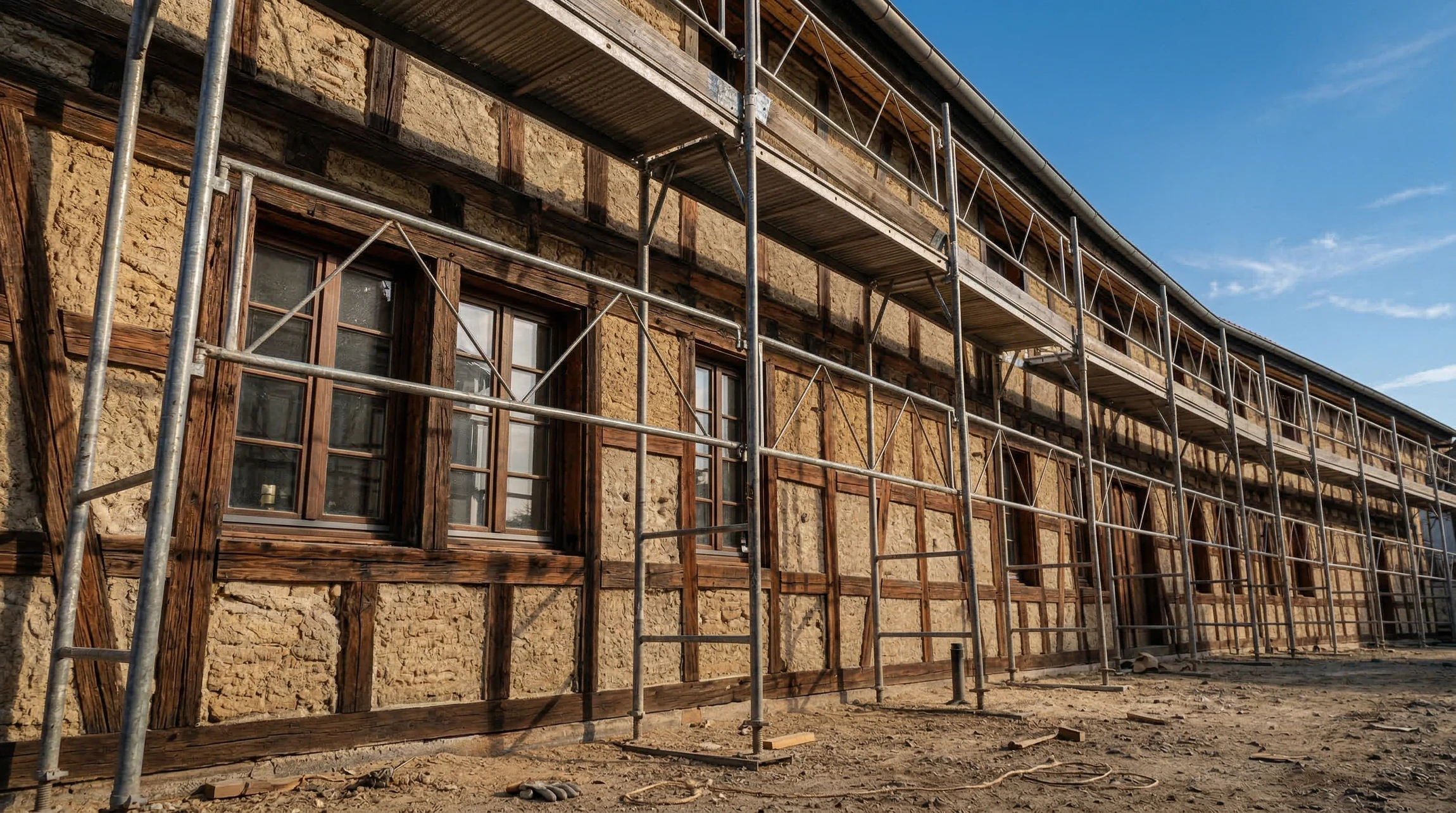 Ouvrier en combinaison noire et casque orange installant un panneau isolant blanc sur façade extérieure d'habitation