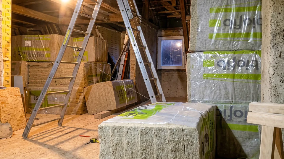 Construction d'une maison écologique en ossature bois avec isolation paille sur chantier extérieur